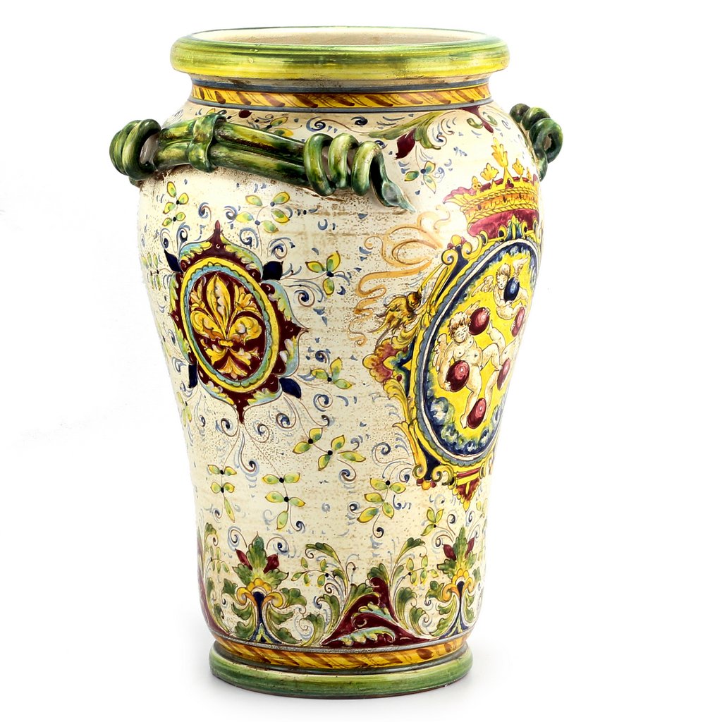 MAJOLICA MEDICI: Large Vase Umbrella Stand with two handles and DeMedici Crest - artisticaitalian.com