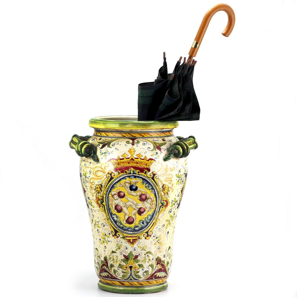 MAJOLICA MEDICI: Large Vase Umbrella Stand with two handles and DeMedici Crest - artisticaitalian.com