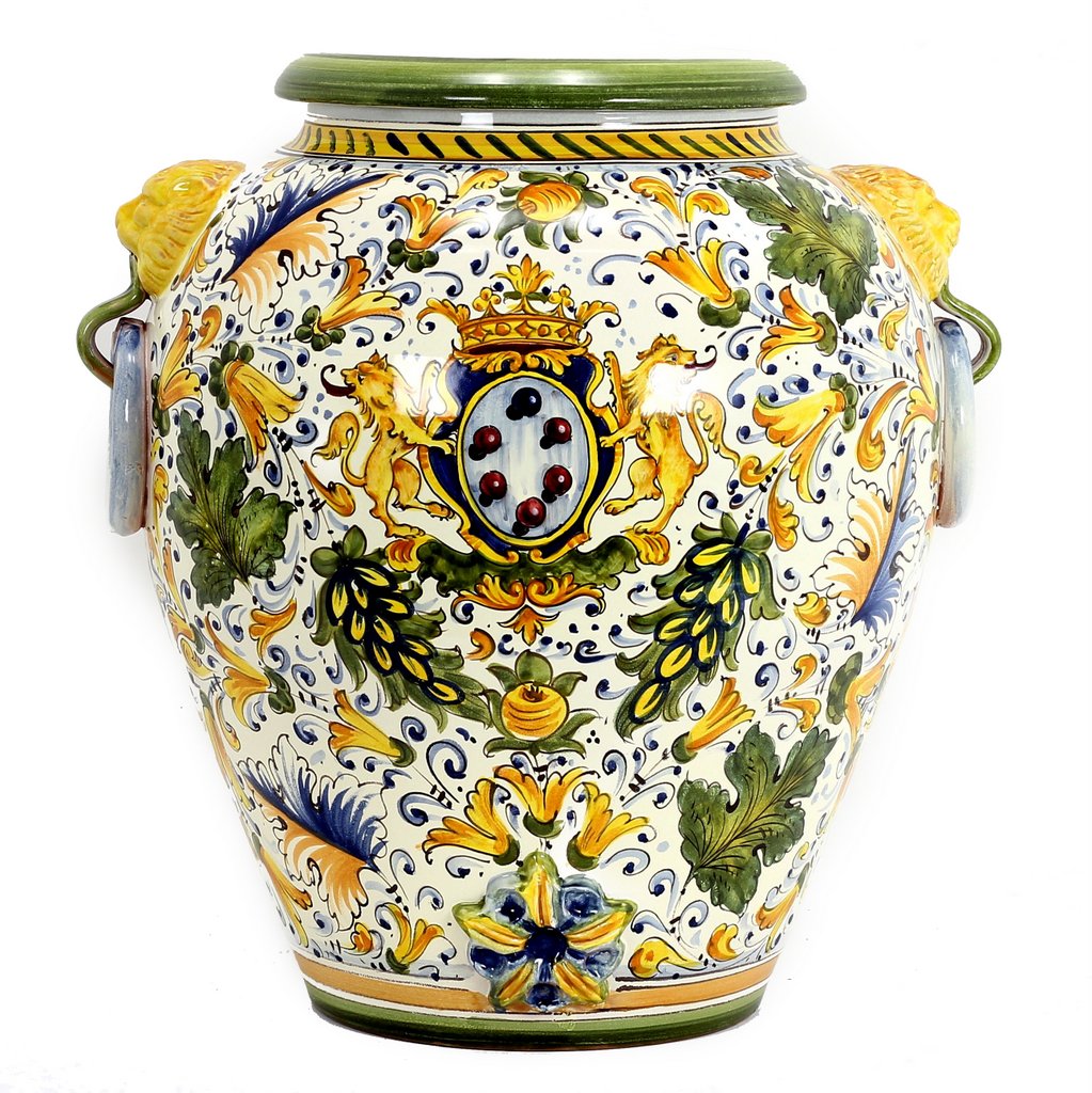 MAJOLICA CAFFAGIOLO: Tuscan Orcio with side rings and lion heads with green trimmings. - artisticaitalian.com