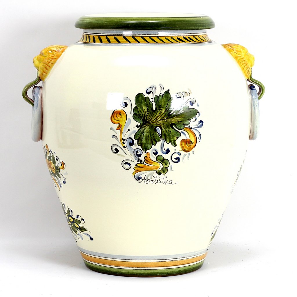 MAJOLICA CAFFAGIOLO: Tuscan Orcio with side rings and lion heads with green trimmings. - artisticaitalian.com