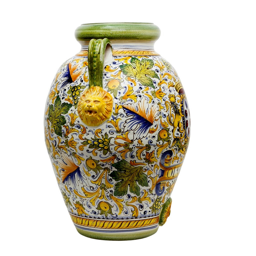 MAJOLICA CAFFAGIOLO: Extra Large Tuscan Orcio with Medici Crest + Lions - artisticaitalian.com