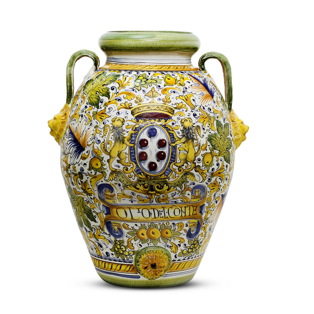 MAJOLICA CAFFAGIOLO: Extra Large Tuscan Orcio with Medici Crest + Lions - artisticaitalian.com