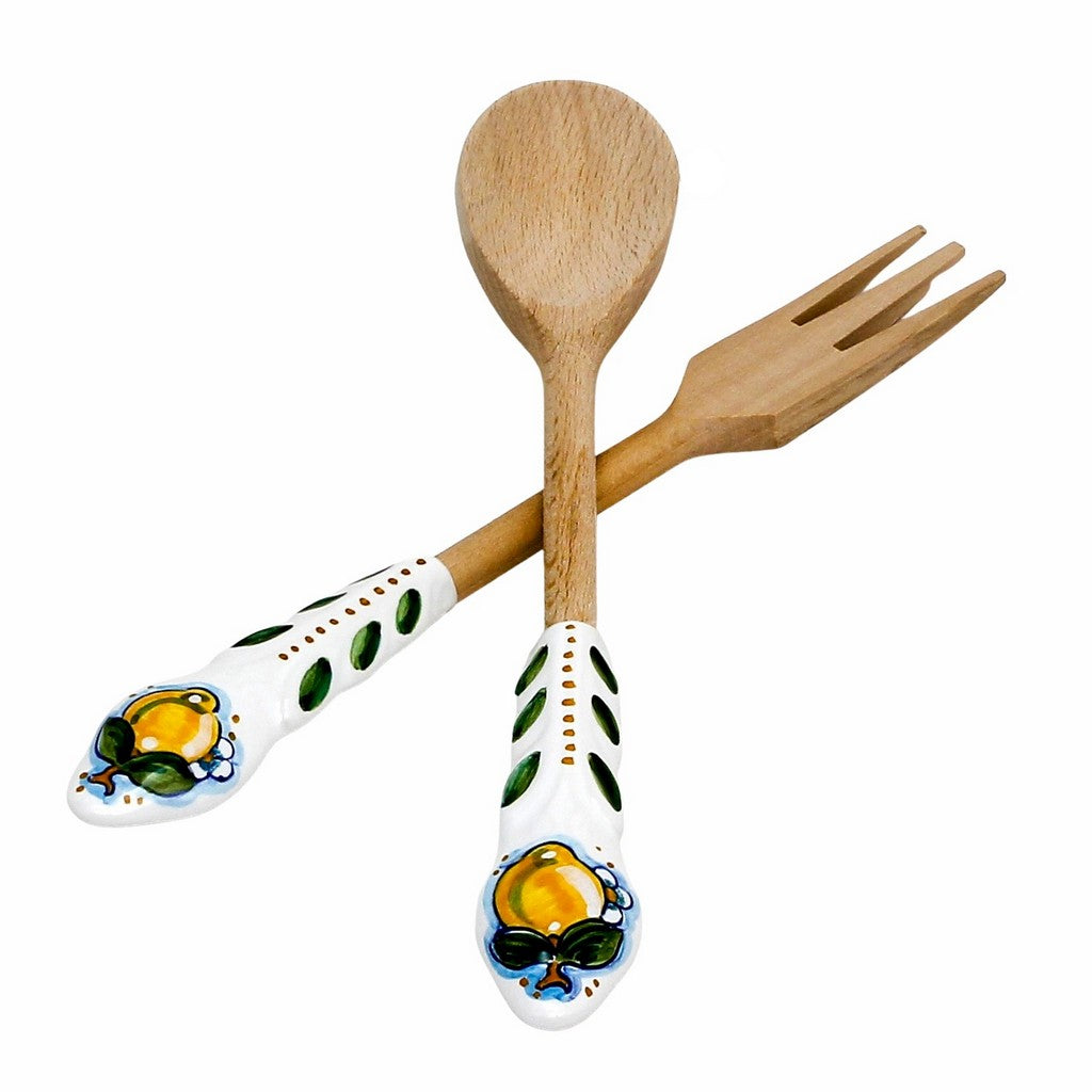 UTENSIL SET: LEMON Design - Hard Wood with Hand Painted Ceramic Handle (Pair Set) - artisticaitalian.com