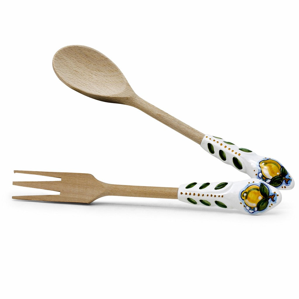 UTENSIL SET: LEMON Design - Hard Wood with Hand Painted Ceramic Handle (Pair Set) - artisticaitalian.com