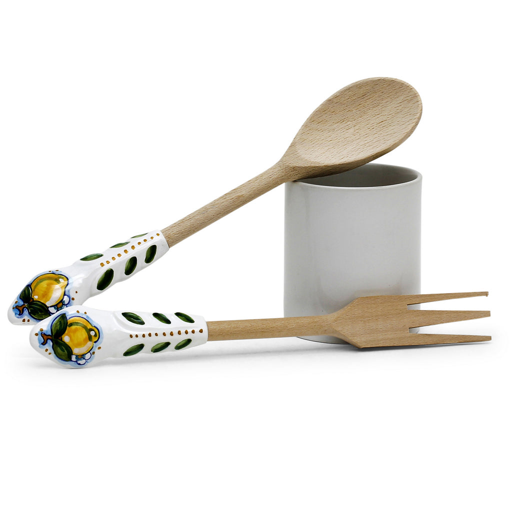 UTENSIL SET: LEMON Design - Hard Wood with Hand Painted Ceramic Handle (Pair Set) - artisticaitalian.com