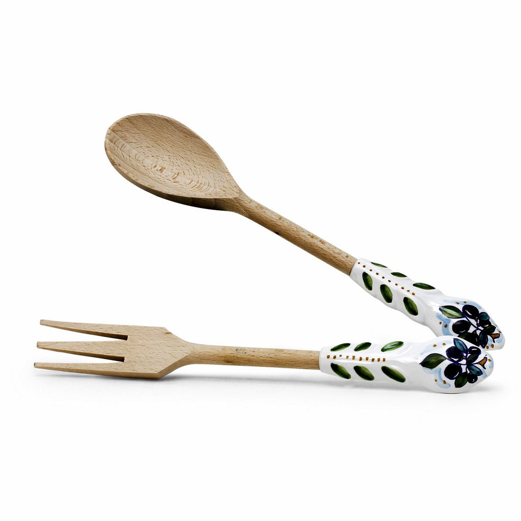 UTENSIL SET: OLIVE Design - Hard Wood with Hand Painted Ceramic Handle (Pair Set) - artisticaitalian.com