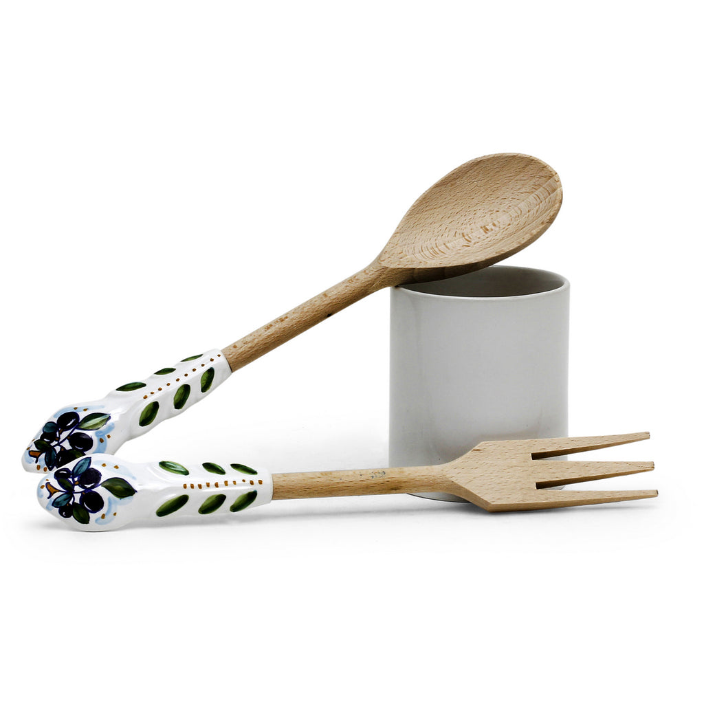 UTENSIL SET: OLIVE Design - Hard Wood with Hand Painted Ceramic Handle (Pair Set) - artisticaitalian.com