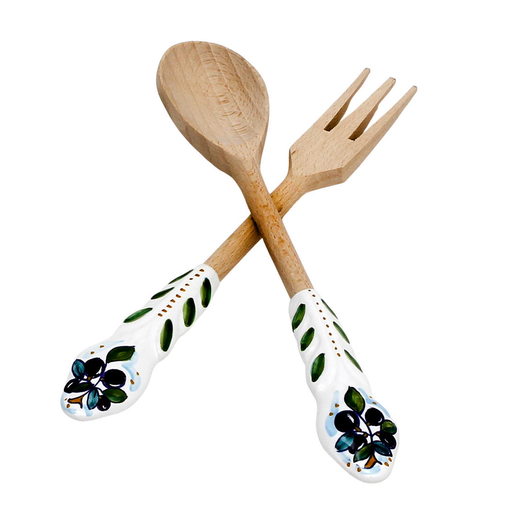 UTENSIL SET: OLIVE Design - Hard Wood with Hand Painted Ceramic Handle (Pair Set) - artisticaitalian.com