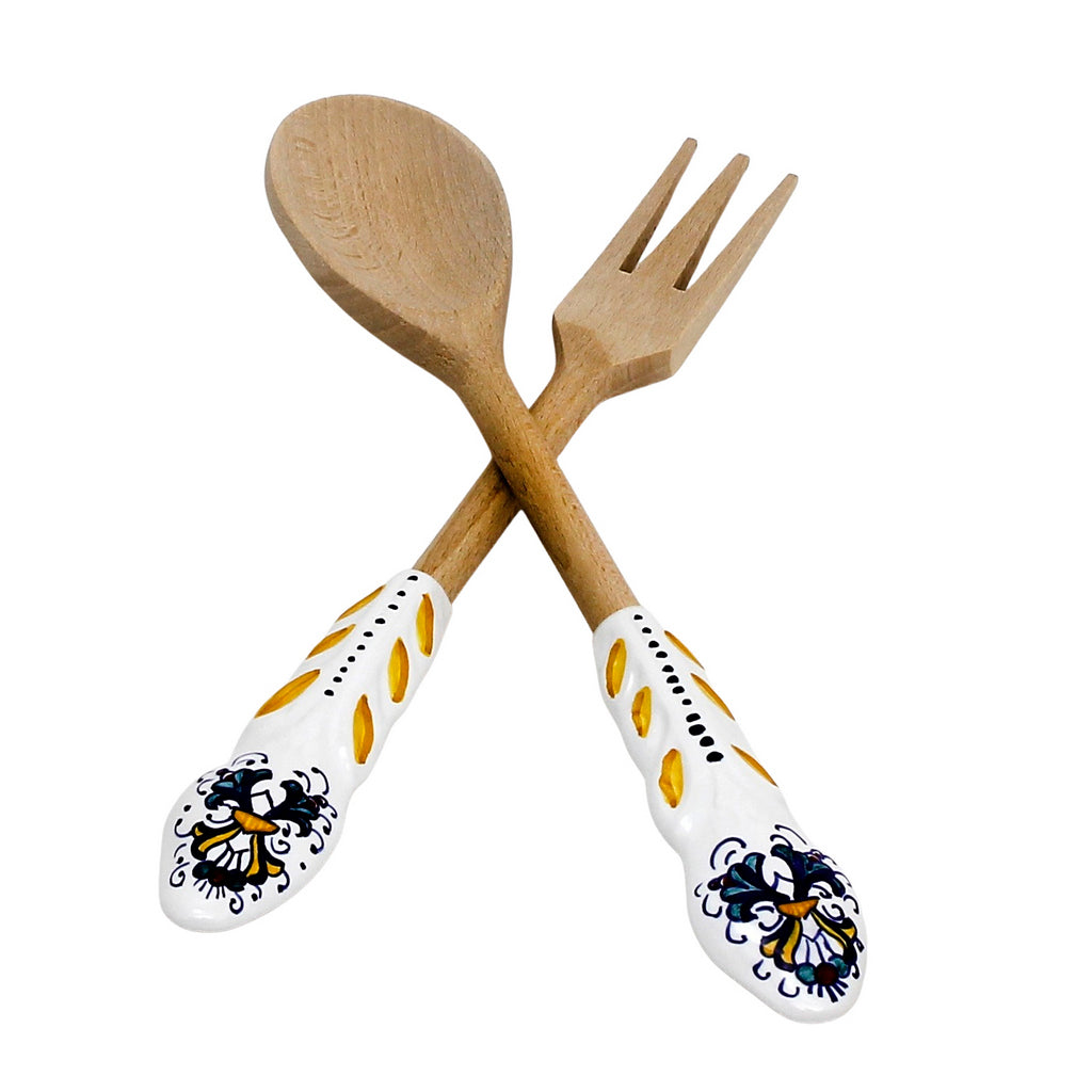 UTENSIL SET: RICCO DERUTA Design - Hard Wood with Hand Painted Ceramic Handle (Pair Set) - artisticaitalian.com