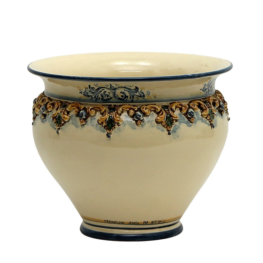 SOFIA TRICOLORE:  Round Cachepot/Planter with Bass Relief Decoration - Medium (14" Diam) - artisticaitalian.com