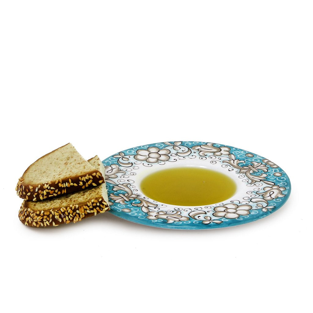 DERUTA COLORI: Olive Oil Fancy Dipping Bowl with large rim AQUA/TEAL Color - artisticaitalian.com