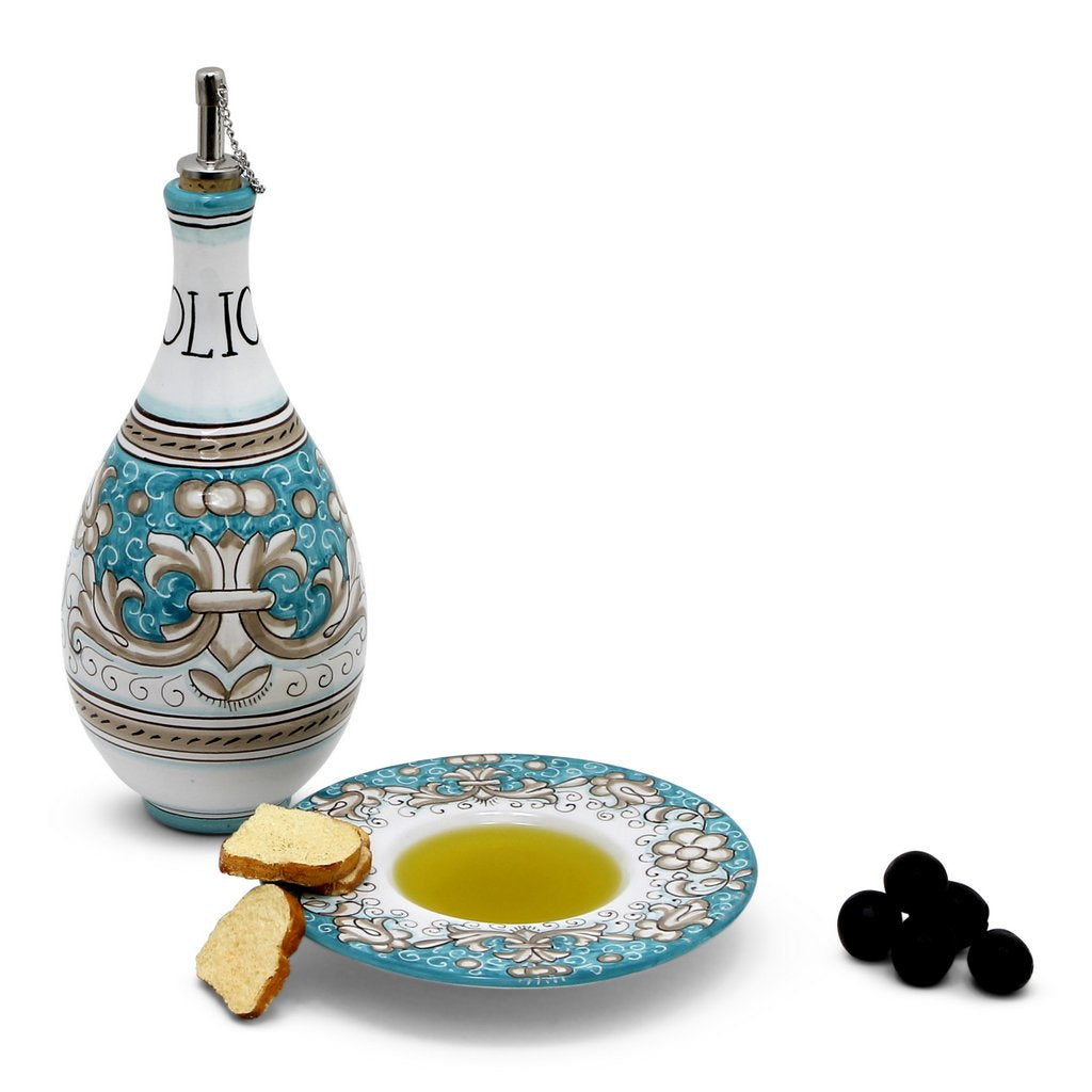 DERUTA COLORI: Olive Oil Fancy Dipping Bowl with large rim AQUA/TEAL Color - artisticaitalian.com