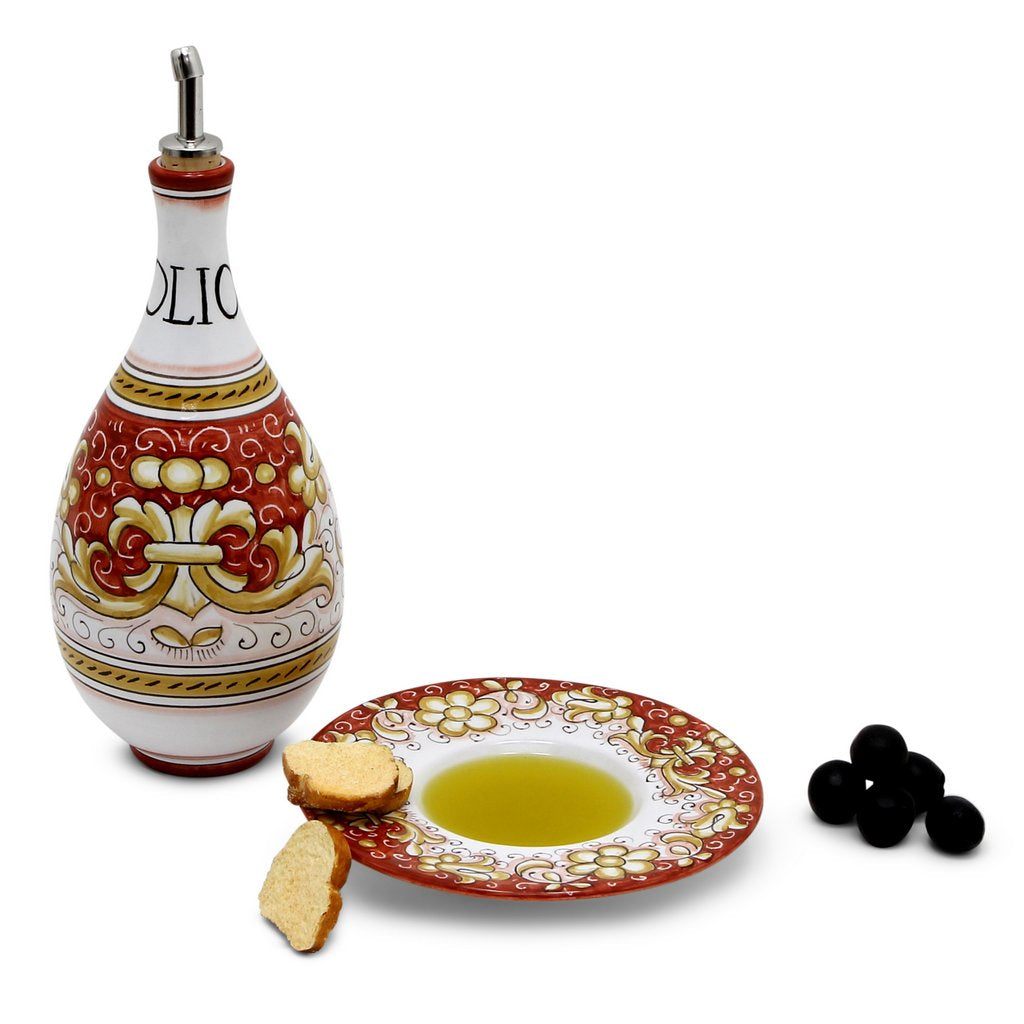 DERUTA COLORI: Traditional Olive Oil Bottle with pourer Antique CORAL RED Color - artisticaitalian.com