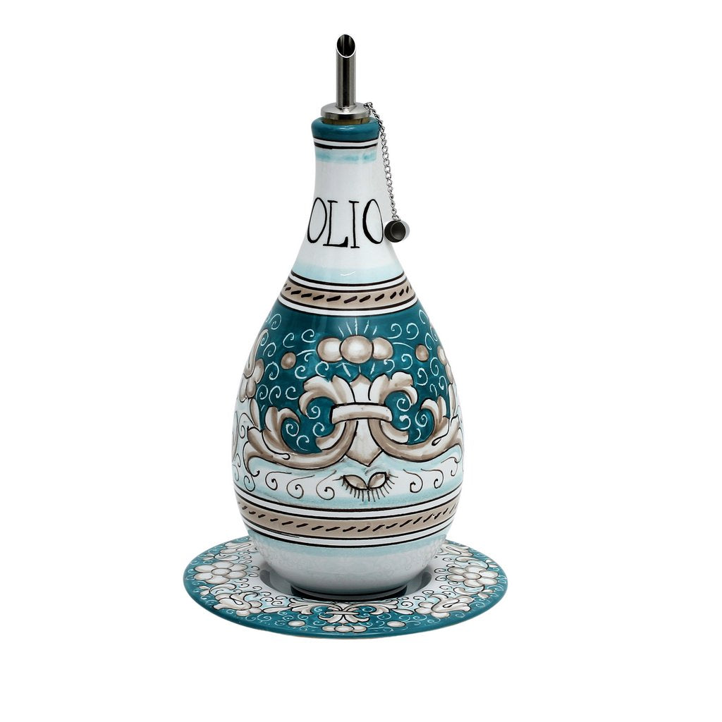 DERUTA COLORI: Traditional Olive Oil Bottle with pourer AQUA/TEAL Color - artisticaitalian.com