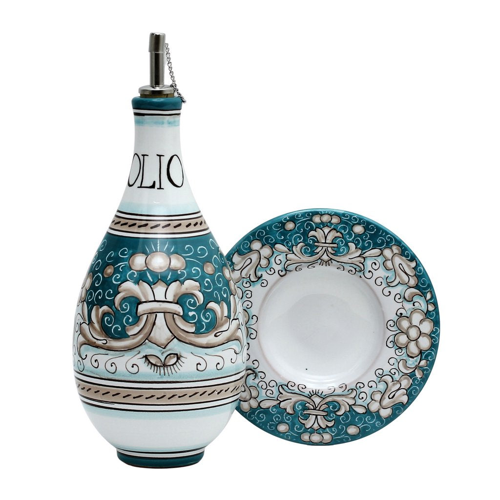 DERUTA COLORI: Traditional Olive Oil Bottle with pourer AQUA/TEAL Color - artisticaitalian.com