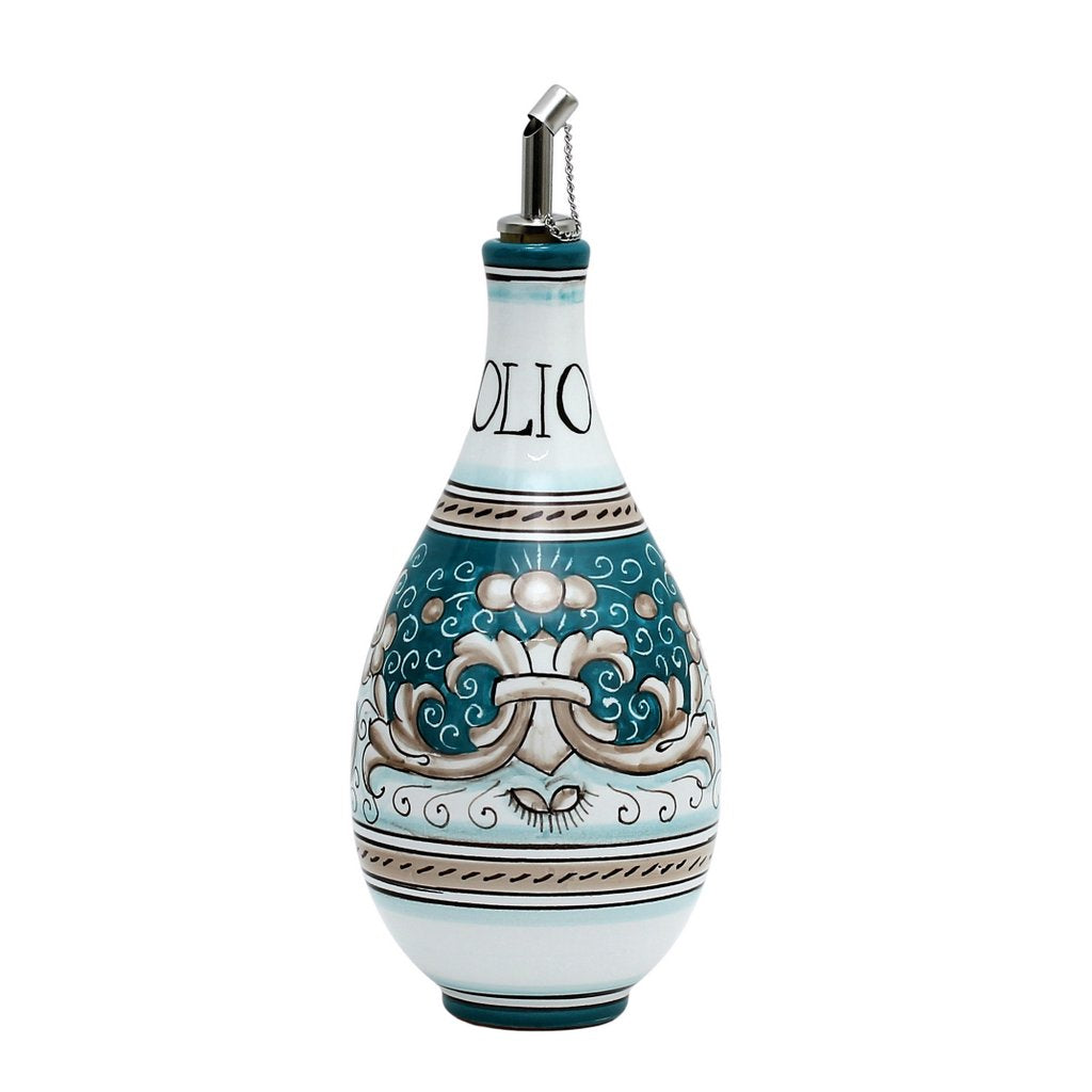 DERUTA COLORI: Traditional Olive Oil Bottle with pourer AQUA/TEAL Color - artisticaitalian.com