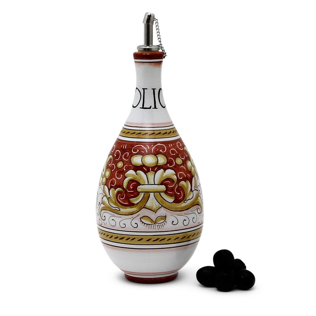 DERUTA COLORI: Traditional Olive Oil Bottle with pourer Antique CORAL RED Color - artisticaitalian.com