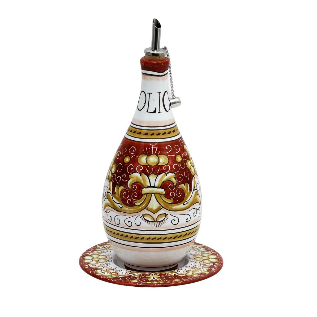 DERUTA COLORI: Traditional Olive Oil Bottle with pourer Antique CORAL RED Color - artisticaitalian.com