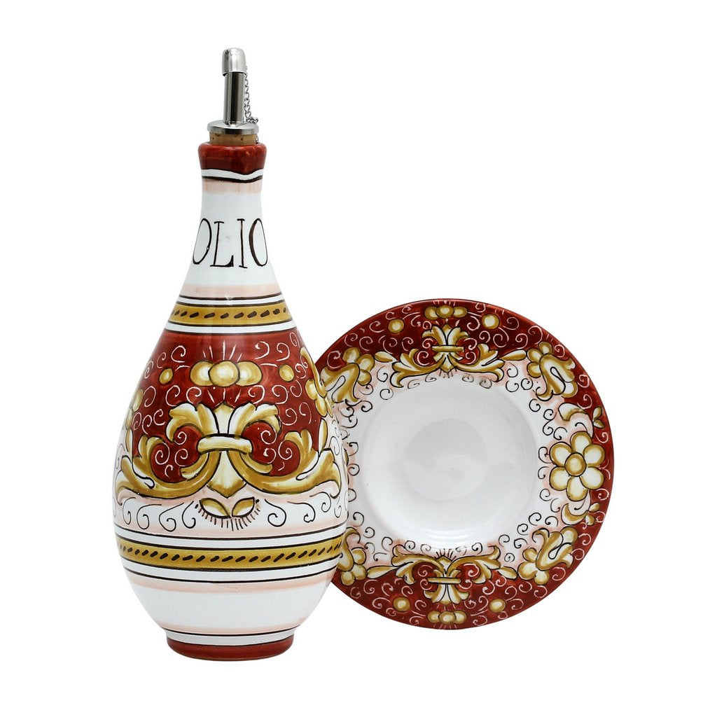 DERUTA COLORI: Traditional Olive Oil Bottle with pourer Antique CORAL RED Color - artisticaitalian.com