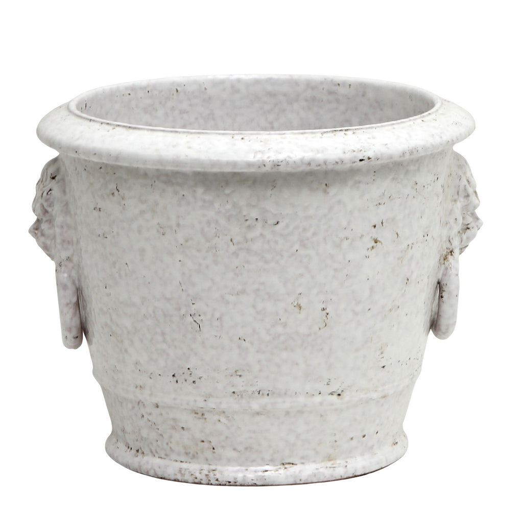 SCAVO CLASSICO: The perfect Cachepot Planter! Two Lion Heads+Rings ANTIQUE MARTELLATO WHITE - artisticaitalian.com