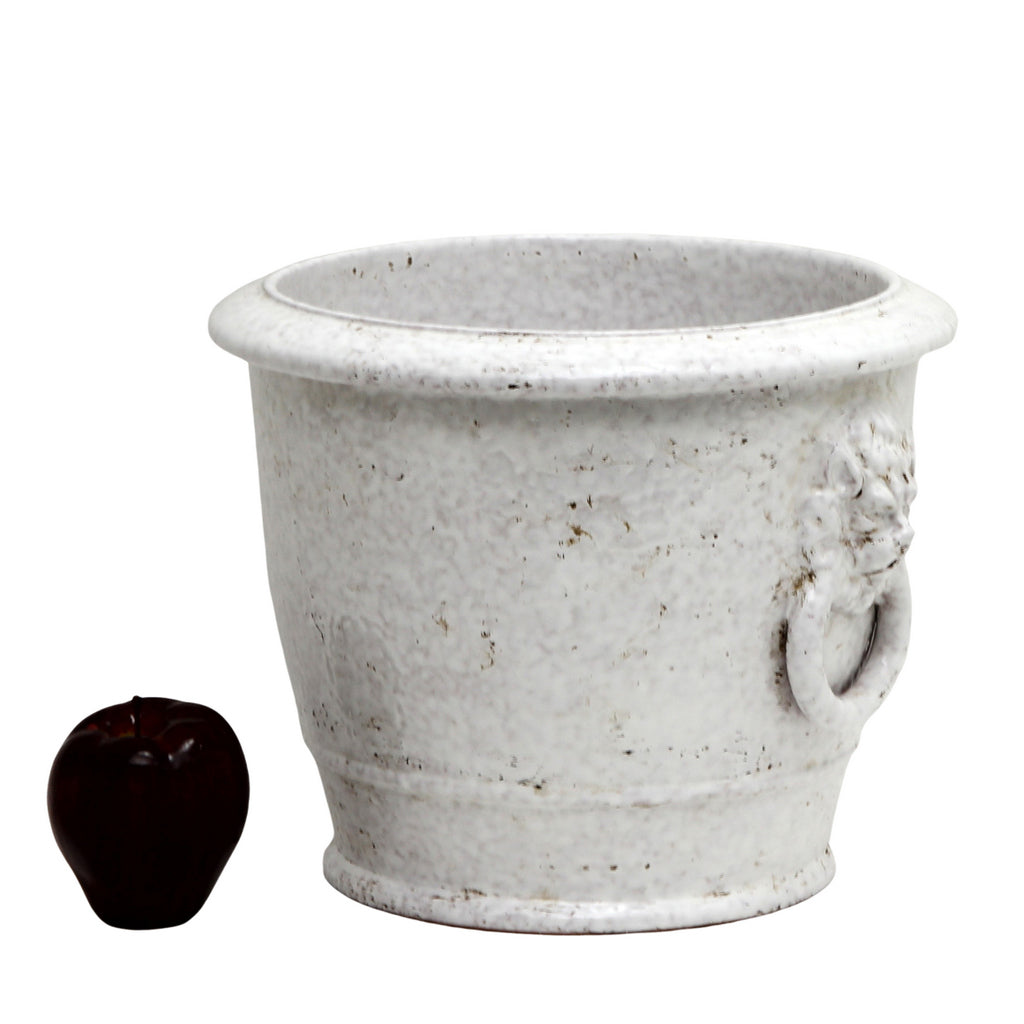 SCAVO CLASSICO: The perfect Cachepot Planter! Two Lion Heads+Rings ANTIQUE MARTELLATO WHITE - artisticaitalian.com