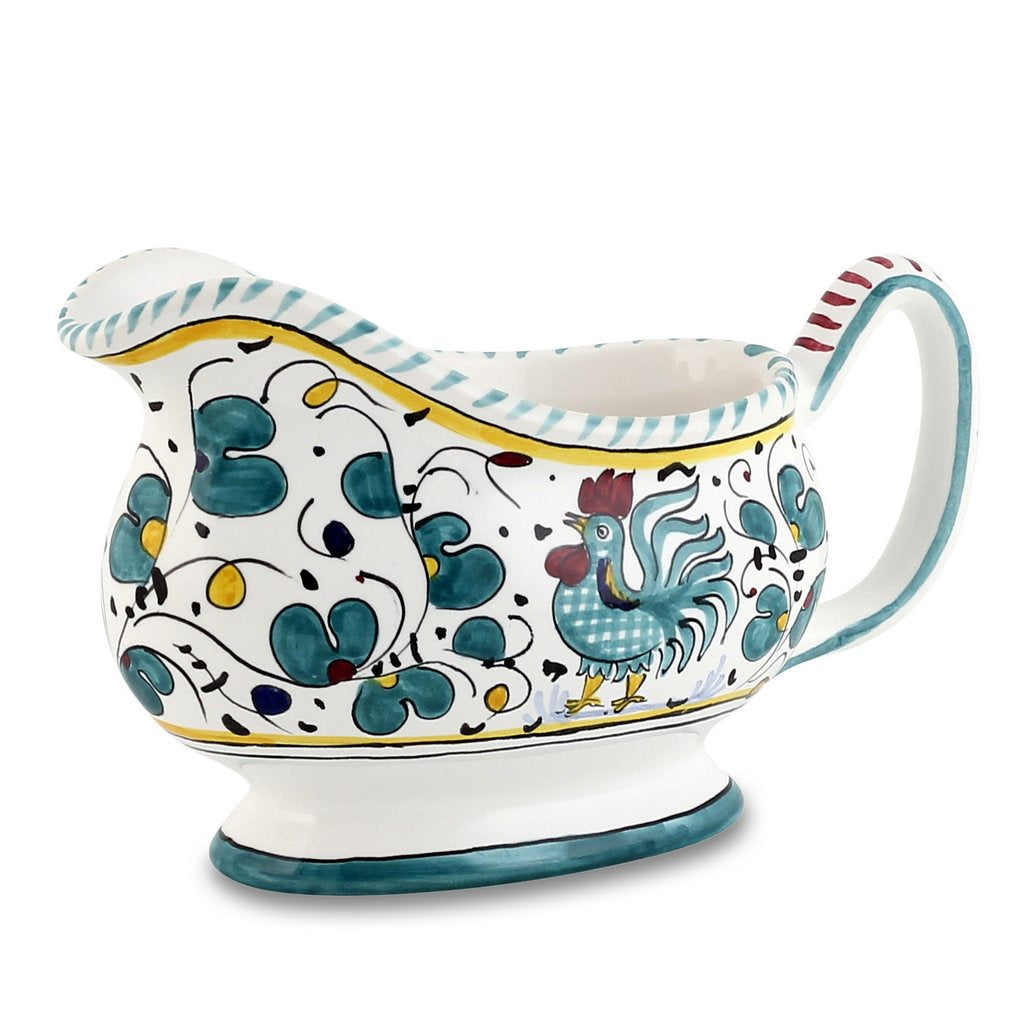 ORVIETO GREEN ROOSTER: Bundle with Butter Dish + Sauce Boat + Spoon Rest - artisticaitalian.com