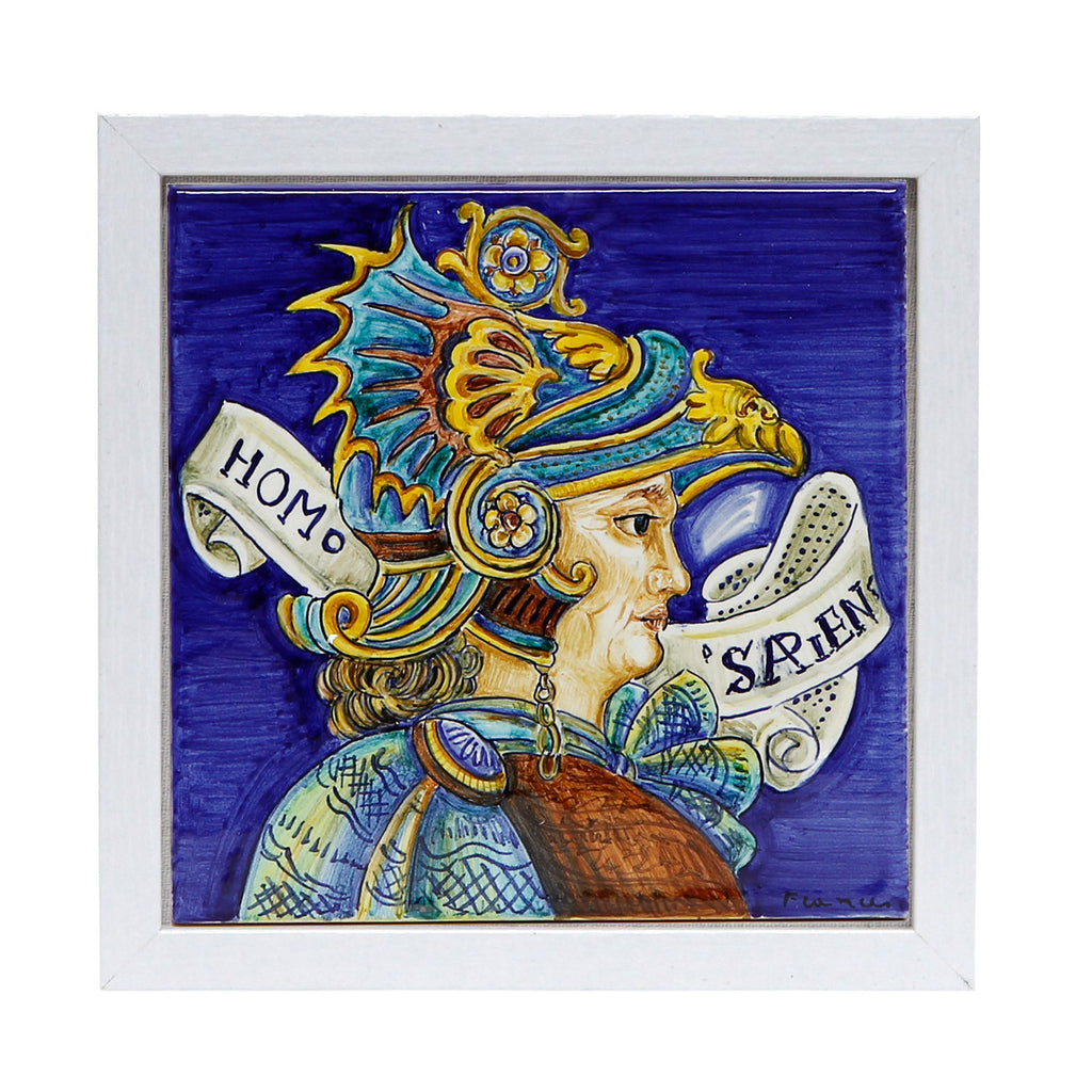 WALL ART: Hand Painted Deruta Tile framed on a Shadow Box (Homo Sapiens) - artisticaitalian.com