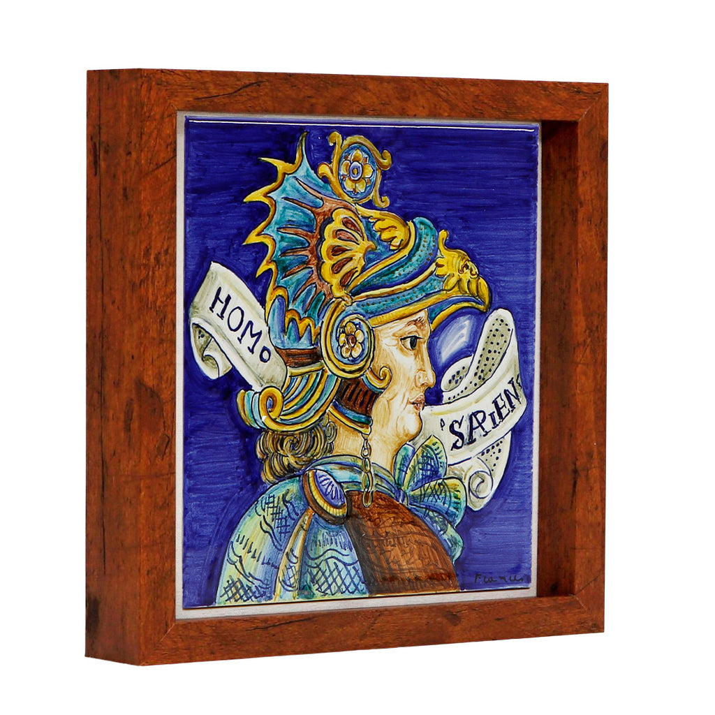 WALL ART: Hand Painted Deruta Tile framed on a Shadow Box (Homo Sapiens) - artisticaitalian.com