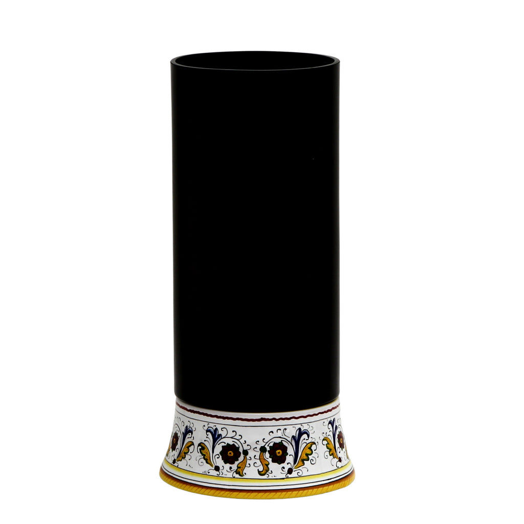 DERUTA BELLA VETRO: Cylindrical Glass Vase on ceramic base PERUGINO design - BLACK Glass - artisticaitalian.com