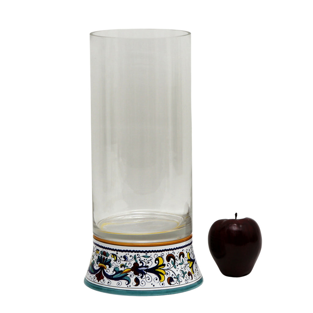 DERUTA BELLA VETRO: Cylindrical Glass Vase on ceramic base RICCO DERUTA design - CLEAR Glass - artisticaitalian.com