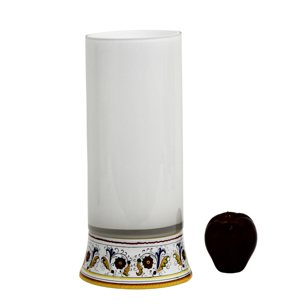 DERUTA BELLA VETRO: Cylindrical Glass Vase on ceramic base PERUGINO design - WHITE Glass - artisticaitalian.com