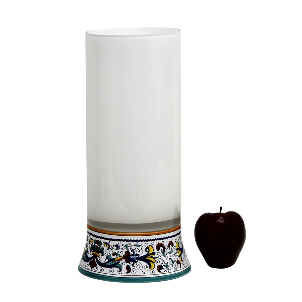 DERUTA BELLA VETRO: Cylindrical Glass Vase on ceramic base RICCO DERUTA design - WHITE Glass - artisticaitalian.com