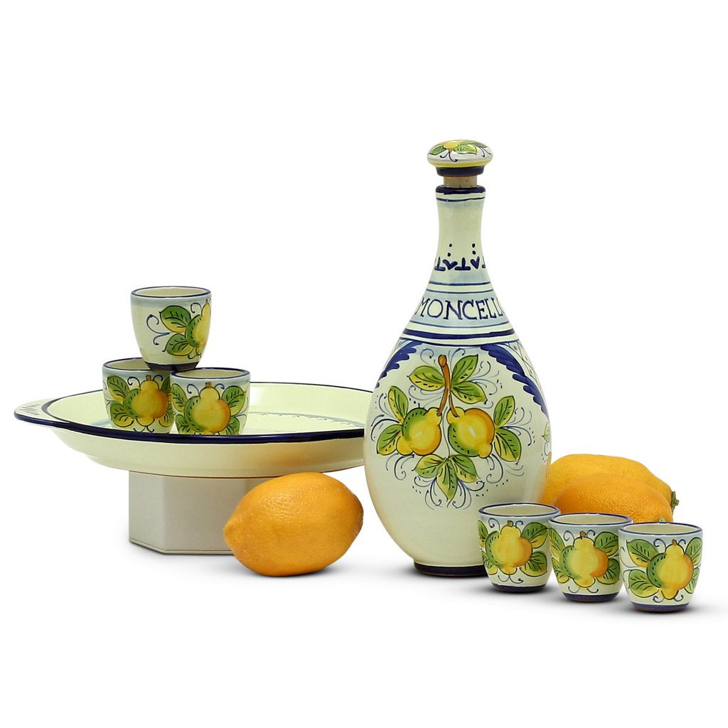 LIMONCELLO: Limoncello Set with Blue trimmings (Bottle with stopper and Tray and 6 Shot Glasses) - artisticaitalian.com