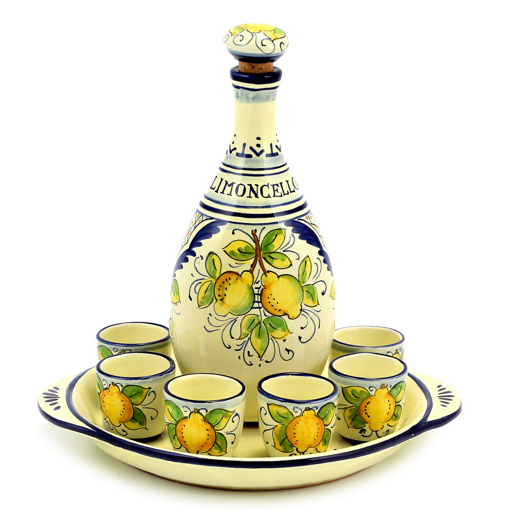 LIMONCELLO: Limoncello Set with Blue trimmings (Bottle with stopper and Tray and 6 Shot Glasses) - artisticaitalian.com