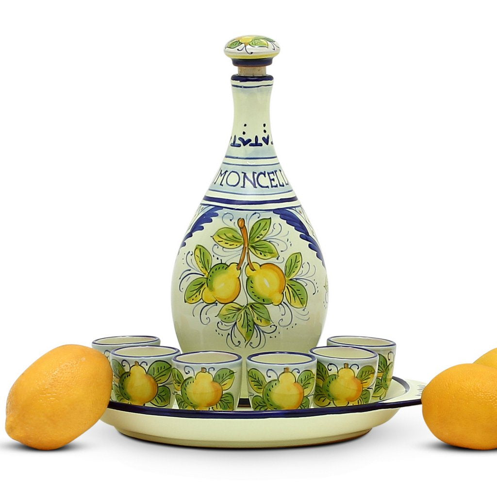 LIMONCELLO: Limoncello Set with Blue trimmings (Bottle with stopper and Tray and 6 Shot Glasses) - artisticaitalian.com