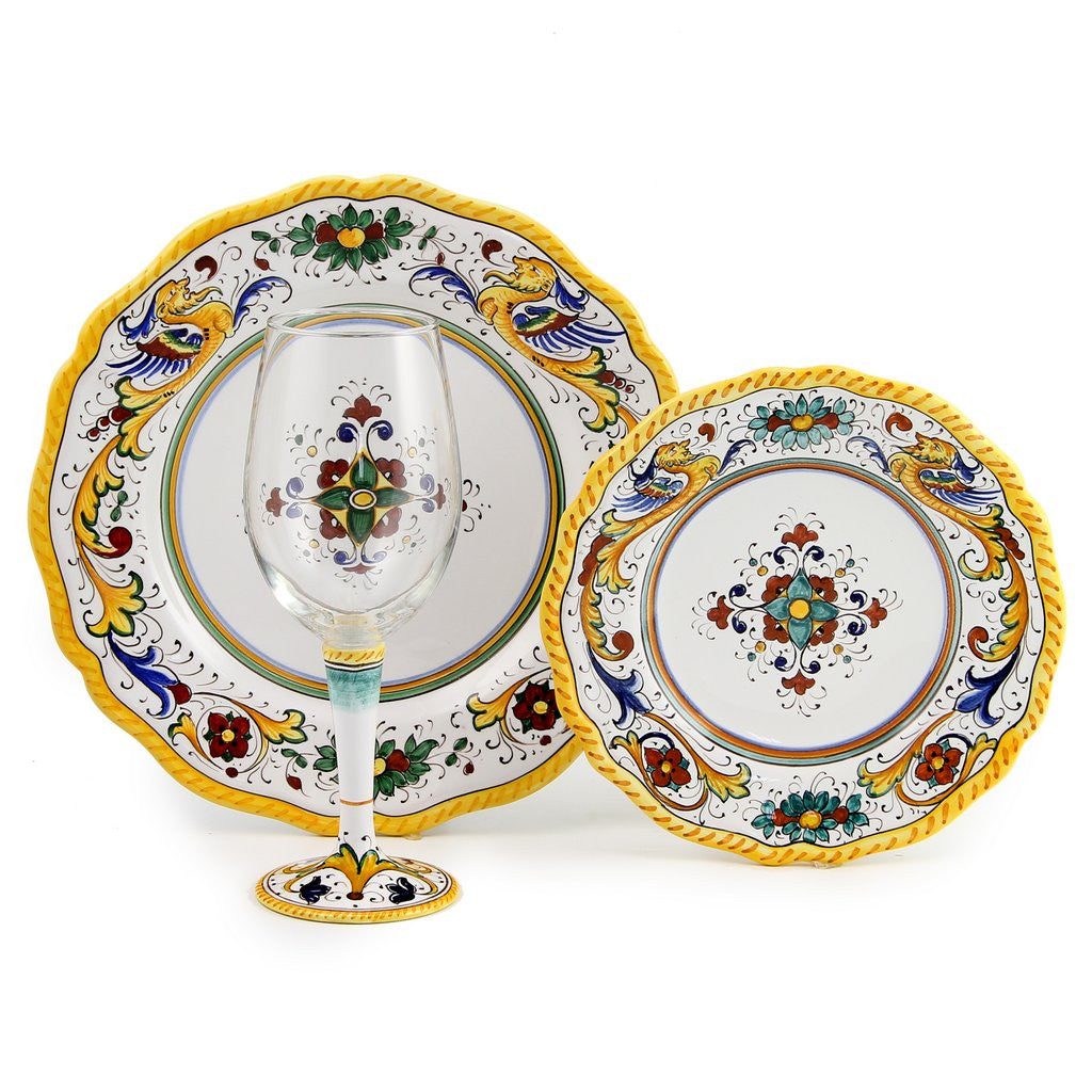 DERUTA STEMWARE PACK: Pinot Glass and Dinner Plate and Salad Plate RAFFAELLESCO Design - artisticaitalian.com