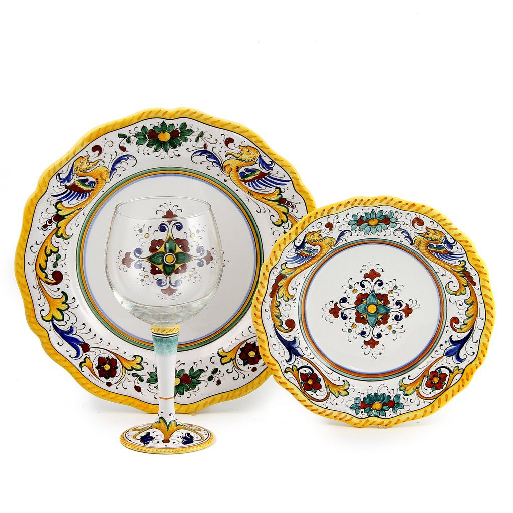 DERUTA STEMWARE PACK: Burgundy Balloon and Dinner Plate and Salad Plate RAFFAELLESCO Design - artisticaitalian.com