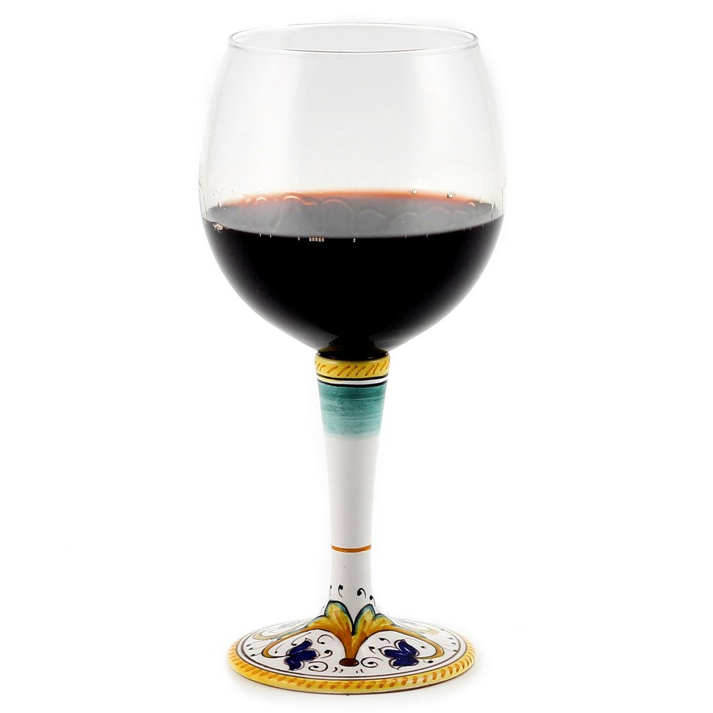 DERUTA STEMWARE: Burgundy Balloon Glass on Hand Painted Ceramic Base PERUGINO Design - artisticaitalian.com