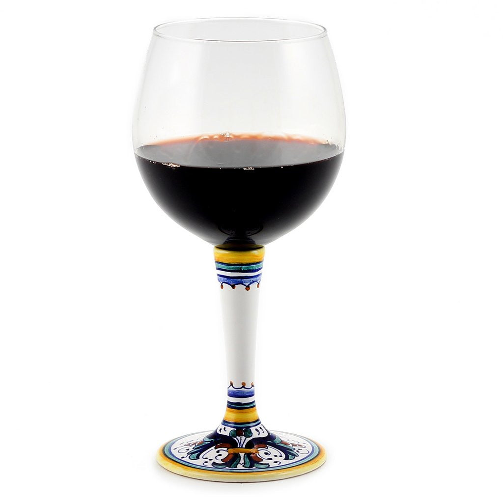 DERUTA STEMWARE: Burgundy Balloon Glass on Hand Painted Ceramic Base RICCO DERUTA Design - artisticaitalian.com