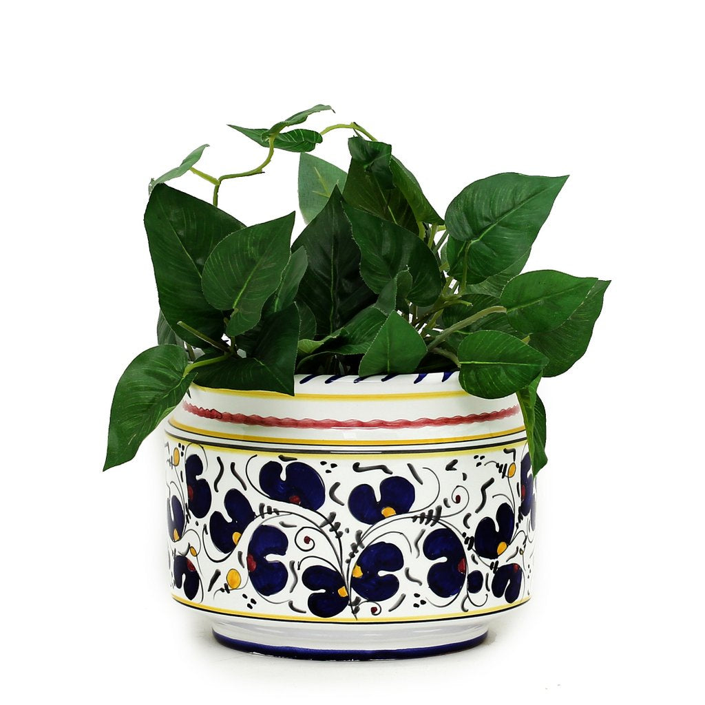 ORVIETO BLUE ROOSTER: Cylindrical Cover Pot - Cachepot Planter (Small) - artisticaitalian.com