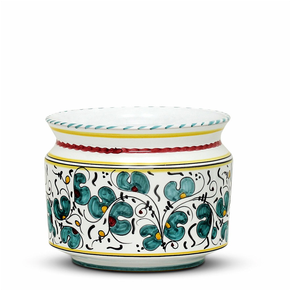 ORVIETO GREEN ROOSTER: Cylindrical Cover Pot - Cachepot Planter (Small) - artisticaitalian.com