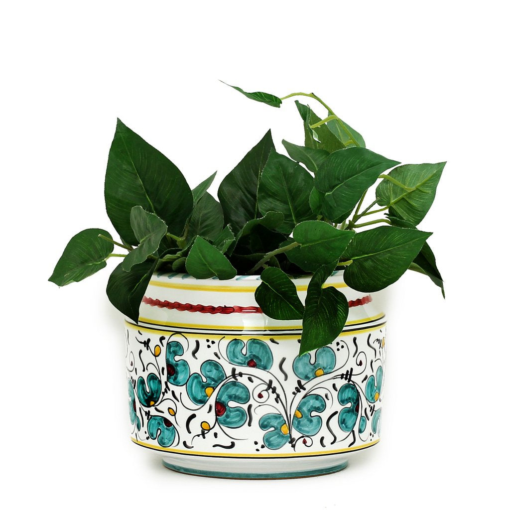 ORVIETO GREEN ROOSTER: Cylindrical Cover Pot - Cachepot Planter (Small) - artisticaitalian.com