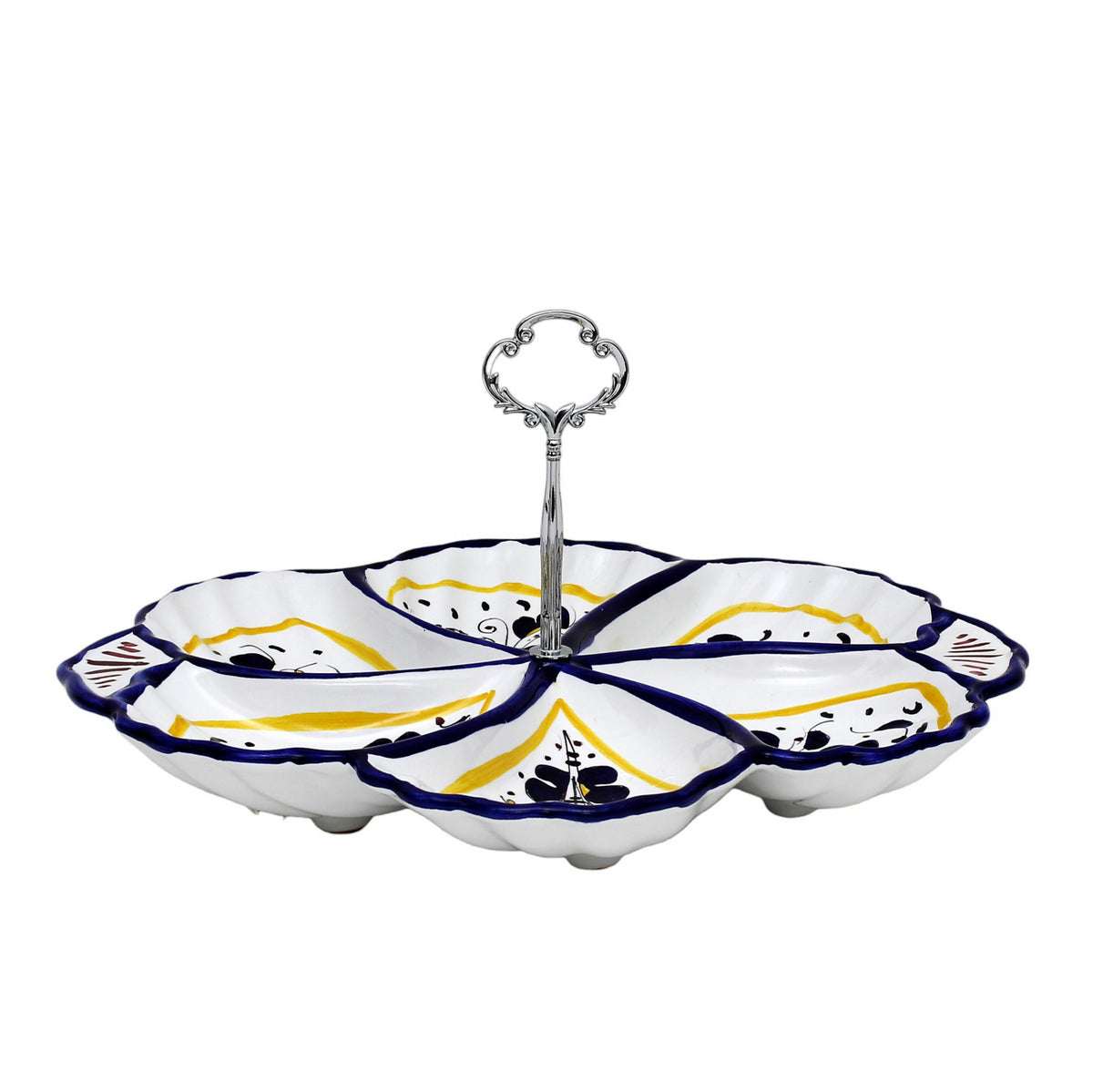 ORVIETO BLUE ROOSTER: Handled Tidbit Snack Tray Fiore/Shell server - Six Compartments - artisticaitalian.com