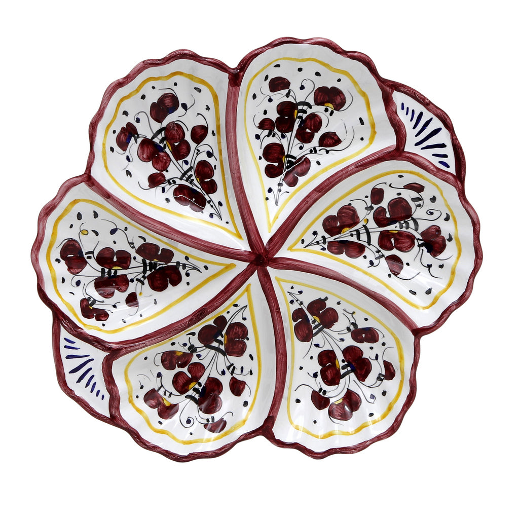 ORVIETO RED ROOSTER: Handled Tidbit Snack Tray Fiore/Shell server - Six Compartments - artisticaitalian.com