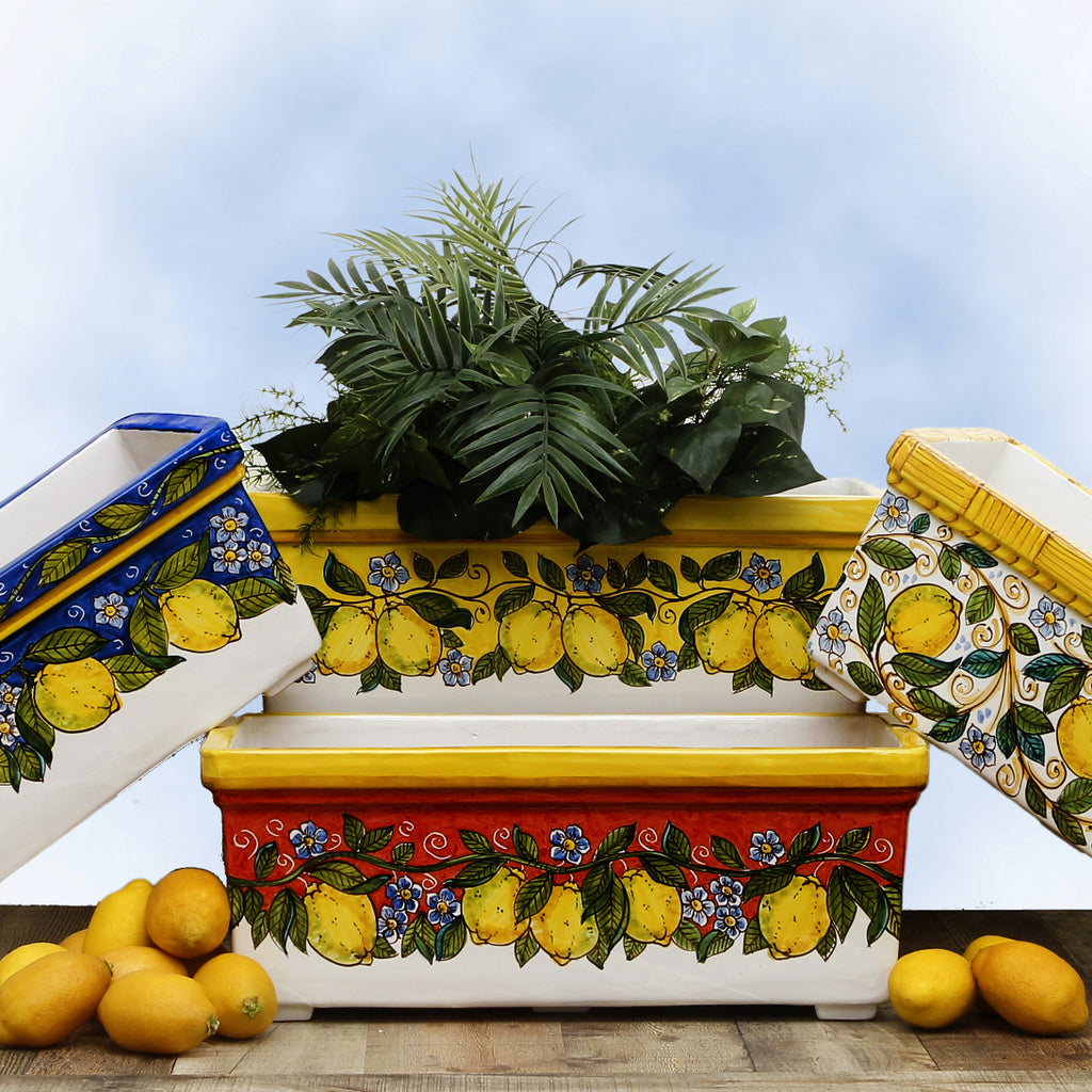 SICILIA: Rectangular Jardiniere from Caltagirone Sicily (Indoor-Outdoor) - BLUE Lemon Design - artisticaitalian.com