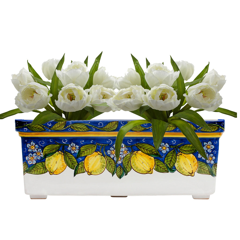 SICILIA: Rectangular Jardiniere from Caltagirone Sicily (Indoor-Outdoor) - BLUE Lemon Design - artisticaitalian.com