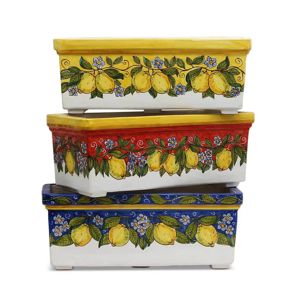 SICILIA: Rectangular Jardiniere from Caltagirone Sicily (Indoor-Outdoor) - BLUE Lemon Design - artisticaitalian.com