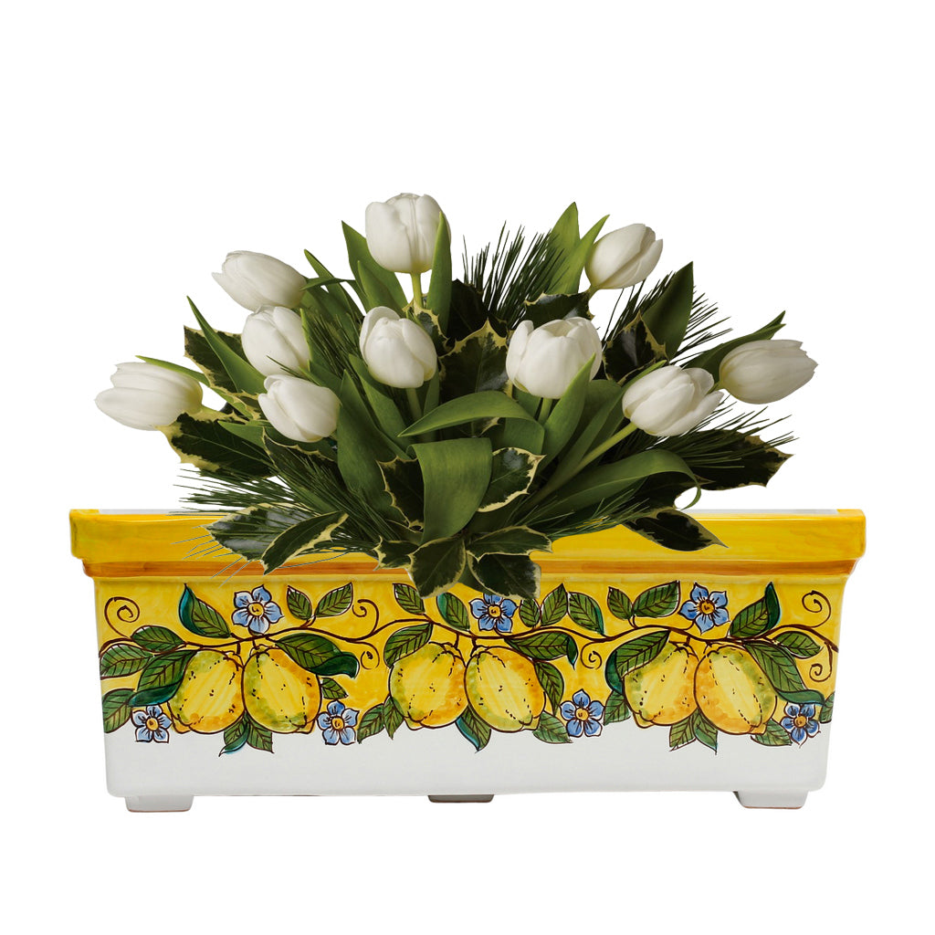 SICILIA: Rectangular Jardiniere from Caltagirone Sicily (Indoor-Outdoor) - YELLOW Lemon Design - artisticaitalian.com