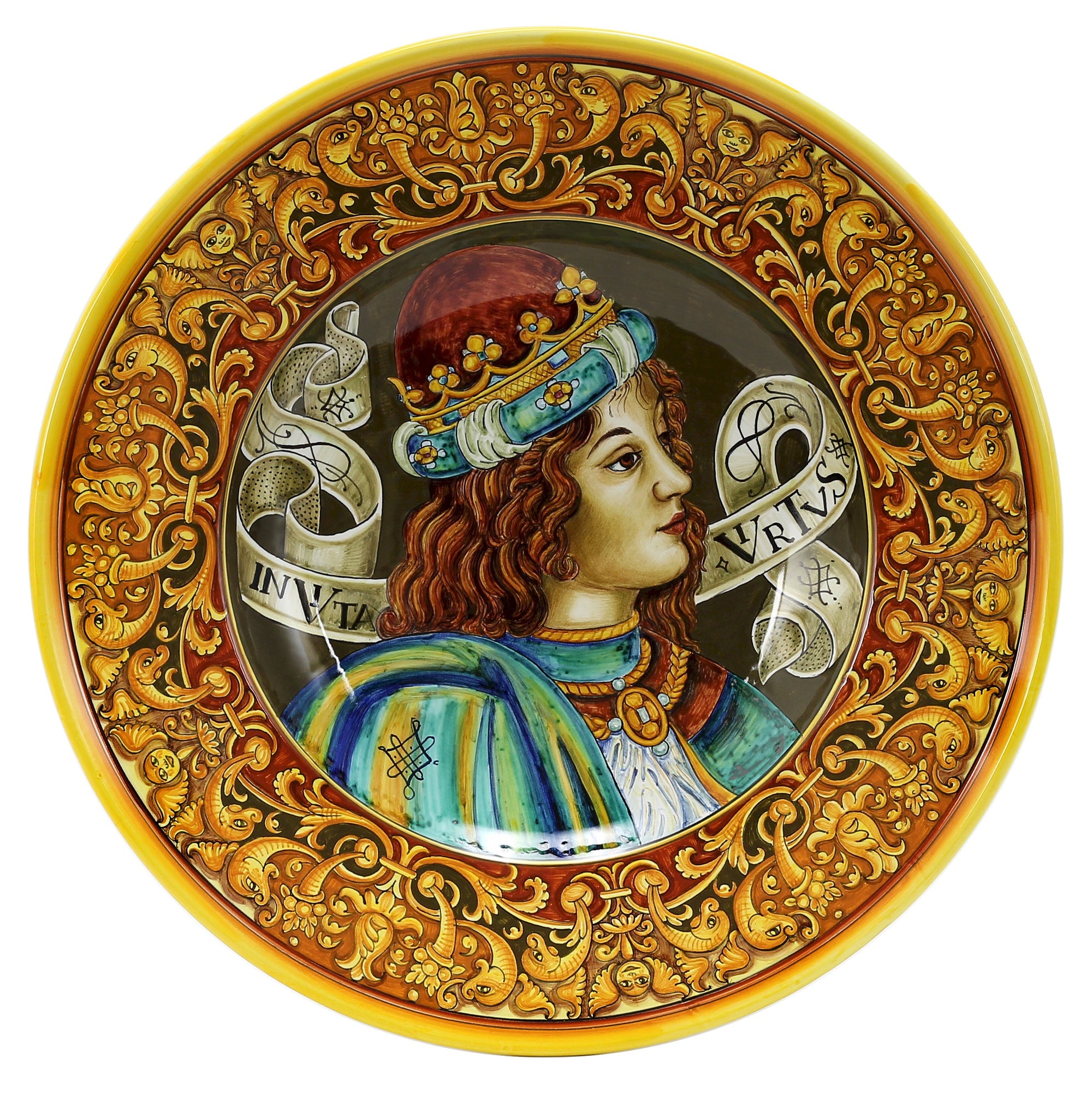 PRIMA CLASSE: Large Wall Plate w Renaissance figure In Vita Virtus (Man) (20D) - artisticaitalian.com