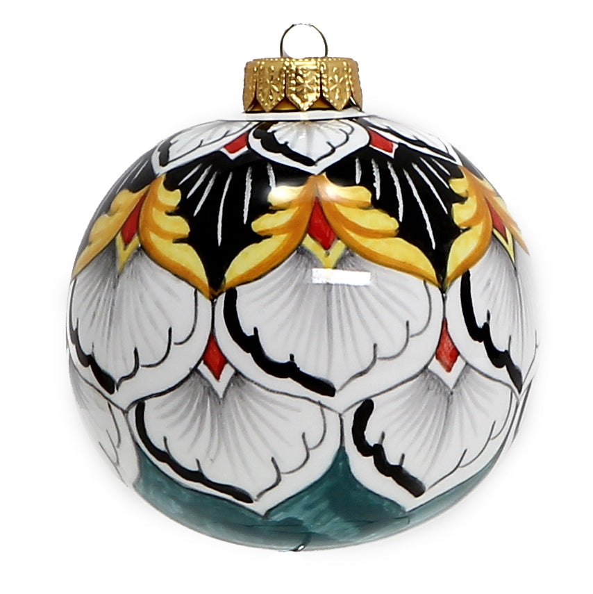 CHRISTMAS ORNAMENT: Deruta Vario Round Ball Large - Green-White-Black-Gold (4" Ø) - artisticaitalian.com